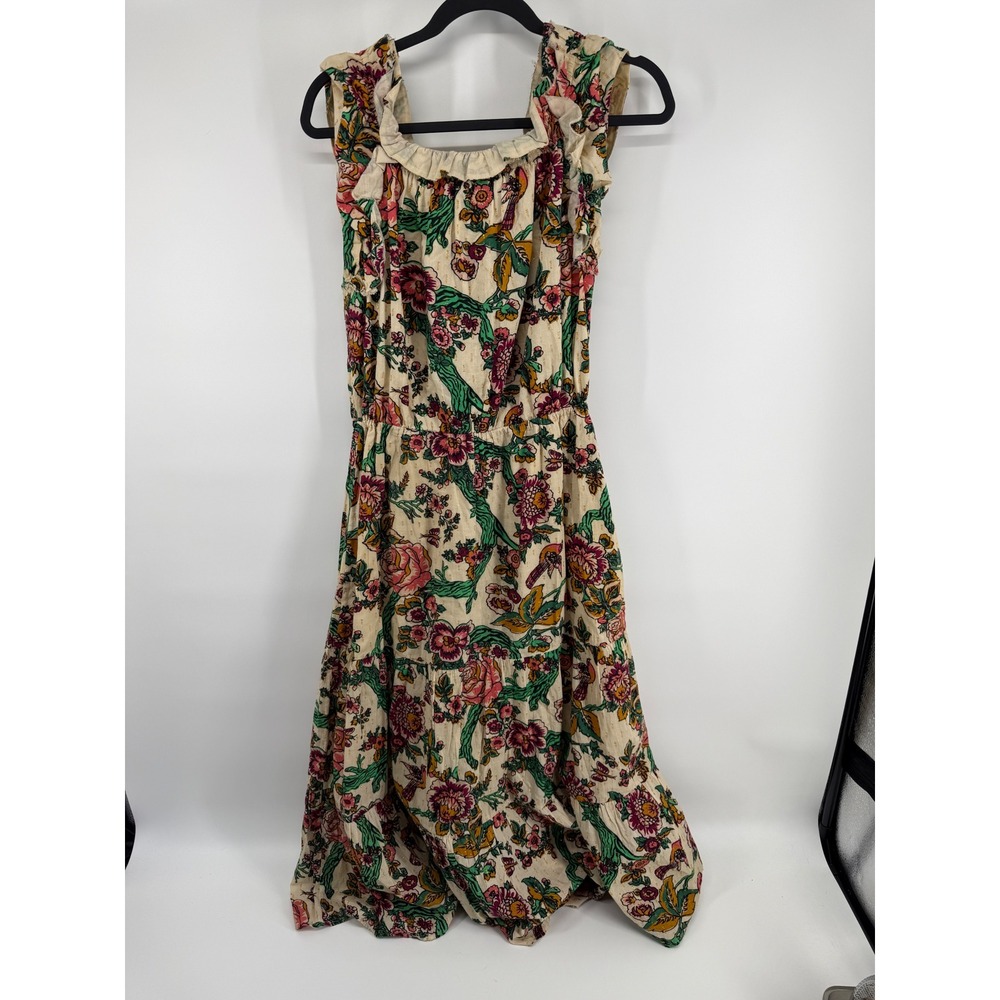 Figue Womens Floral Bird Print Tassel Ruffle Midi Dress Cream Gold Lurex Size M - Picture 2 of 8